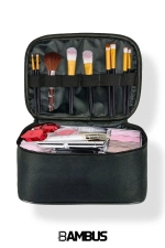 Women's Makeup Bag - Dual Compartment Hanging Foldable Travel & Cosmetic Organizer - Black Photograph-3