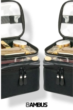 Women's Makeup Bag - Dual Compartment Hanging Foldable Travel & Cosmetic Organizer - Black Photograph-5