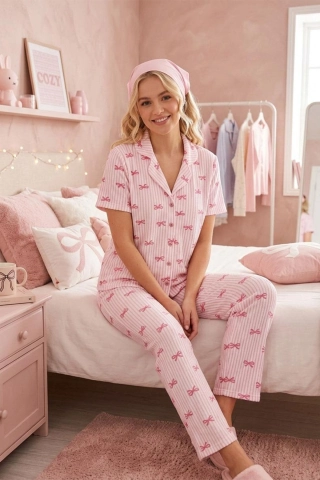 Women's Pink Ribbon Patterned Short Sleeve Crinkle Pajama Set