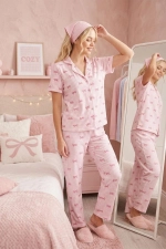 Women's Pink Ribbon Patterned Short Sleeve Crinkle Pajama Set Photograph-3